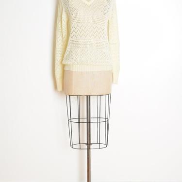 vintage 70s sweater cream pointelle sheer crochet jumper top shirt M L clothing 