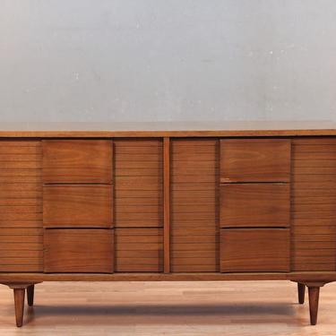 Mid Century Bold Walnut &amp; Laminate 6-Drawer Dresser – ONLINE ONLY