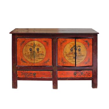 Chinese Vintage Brown Orange Flower Graphic TV Console Cabinet cs5731S