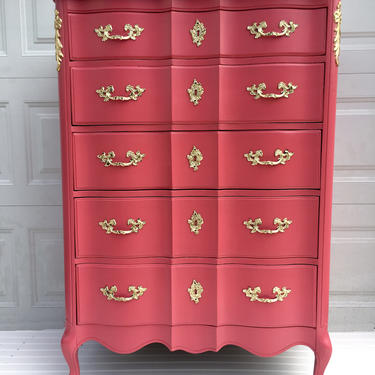 Coral and Gold French Provincial Dresser / Chest of Drawers, Pink French Dresser, highboy dresser, vintage dresser, nyc delivery 