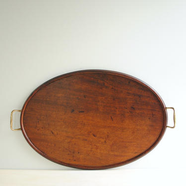 Vintage Oval Wood Serving Tray with Brass Handles, Large Wooden Tray, 26&amp;quot; Long Dark Wood Tray 