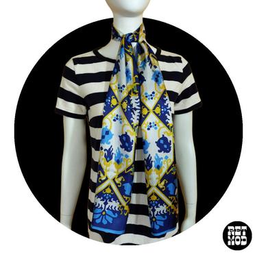 Incredible Bold Vintage 60s 70s Blue White Yellow Patterned Long Scarf 