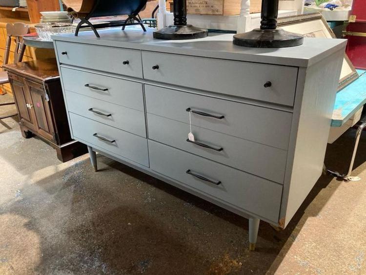 Gray painted 6 drawer mid century dresser. 52” x 18” x 31.75”