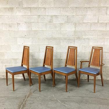 LOCAL PICKUP ONLY Vintage Wood Dining Chairs Retro 1960's Mid Century Modern Set of 4 High Cane Back and Vinyl Seats Matching Chairs 