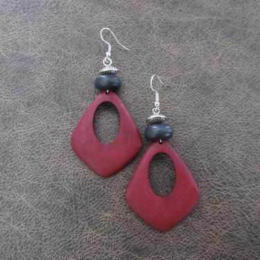 Large Red wooden earrings, silver Afrocentric dangle earrings, mid century modern earrings, chic earrings, African earrings bold statement 