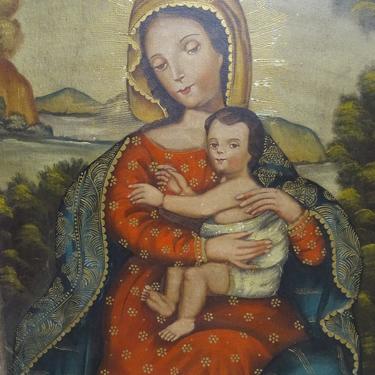 Original Cuzco Oil Painting on Canvas, Holy Mother Saint Mary with Jesus Christ, Vintage Religious Peru Folk Art, Unframed Retablo 