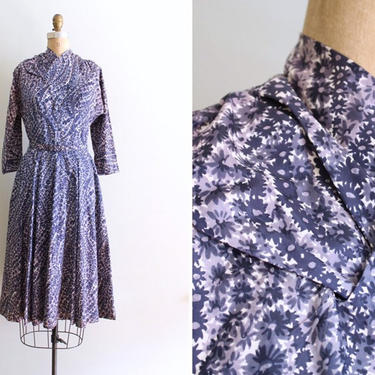 EASTER DRESS! delicate floral print 1950s dress - dusty purple &amp; lavender dress / 50s taffeta acetate dress - swishy dress / 50s dress 