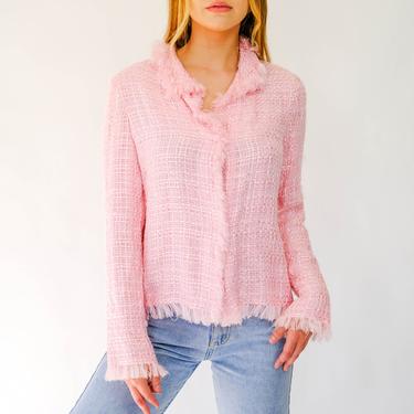 Vintage 90s VESTIMENTA Light Pink Boucle Cardigan Jacket w/ Fringe Trim | Made in Italy | Rayon/Cotton | 1990s Italian Designer Boho Jacket 