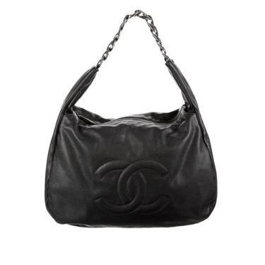 Vintage XL CHANEL Black CC Logo Caviar Leather Shoulder Bag Hobo Tote Clutch Purse Thick Chain 