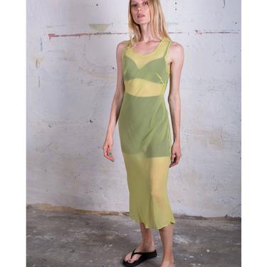 Vintage 1990s Plein Sud Sheer Lime Green Darted Maxi Dress Tank Coverup 90s Minimal Slip Chartreuse Made in France 