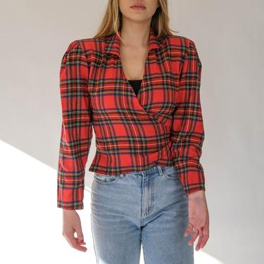 Vintage 80s Norma Kamali Red Plaid Flannel Cropped Wrap Top w/ Broad Poof Shoulders | 100% Cotton | 1980s OMO Designer Boho Cropped Blouse 