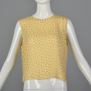Medium Yellow Silk Blouse Pink Polka Dots Sleeveless Tank Top Lightweight Shirt Keyhole Back Summer Top 
