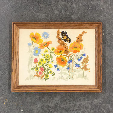 Vintage Crewel 1970s Retro Size 14x18 Bohemian + Colorful Flowers + Butterfly + Embroidery + Homemade + Boho Fiber Art + Home and Wall Decor 