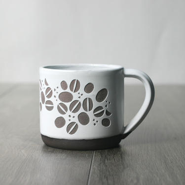 Coffee Beans Ceramic Mug - engraved handmade pottery in Black or White 