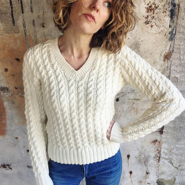 Cream Hand Knit 1950s Cable Wool Sweater S M 