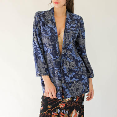Vintage 80s Anne Klein French Blue Silk Broad Shoulder Blazer w/ Bohemian Botanical Floral Print | 100% Silk | 1980s Designer Boho Jacket 