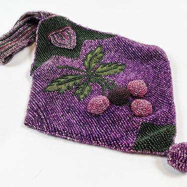 1900s Beaded Evening Bag | 1900s Purple Beaded Pouch Handbag 