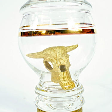 Vintage Glass Apothecary Jar Show Globe || Brass Pedestal Base Gold Banding || Collectible Druggist Ware 