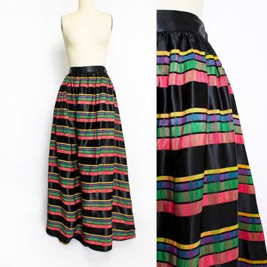 Vintage 1940s Full Skirt - Plaid Taffeta Black Silk Full Length 40s - XL Extra Large Volup 