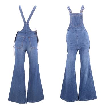 70s CHEMIN DE FER denim bell bottoms overalls s xs / vintage 1970s fitted zipper jumpsuit one piece sz 0-2 