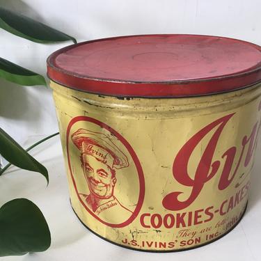 Antique Ivin's Cookies Tin, Philadelphia Pennsylvania, Large Bakery Tin, Maker Of Spiced Wafers, Farmhouse 