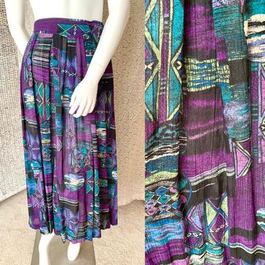 Vintage High Waist Skirt, Midi, Purple/Green/Black,  Crinkle Gauze, Tribal Print, Hippie, Size 16 US 