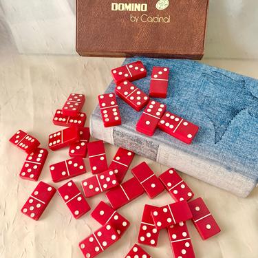 Vintage Domino Set, Red and White, Vegan Vinyl Case, Dominoes Game, Complete 60s 70s 