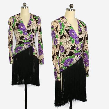 Vintage 40s Rayon Fringe DRESS / 1940s Purple Floral Print Silky Fringe Dress Topper Jacket 