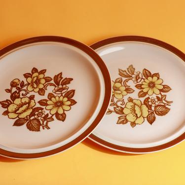 Set of 2 Vintage 90s Japanese Blossom Brown Beige Large Ceramic Plates 