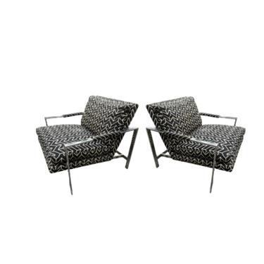 Milo Baughman for Thayer Coggin Black and White Chevron Chrome Lounge Chair Low Profile ( Pair Available Priced Individually)