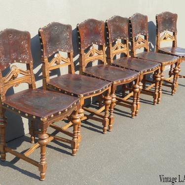 Six Vintage Spanish Revival Leather, Spanish Style Leather Dining Chairs