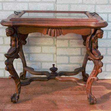 French Renaissance Carved Ornate Glass Top Tray Coffee Table