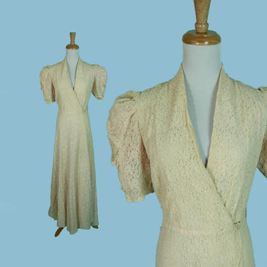 Vintage 1930s 40s Robe House Dress Ecru Flower Lace Short Cap Sleeves Size S XS 