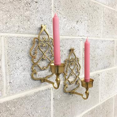 Vintage Candle Wall Sconce Set Retro 1980s Gold Brass + Metal + Set of 2 Matching + Candle Holders + Home and Wall Decor 