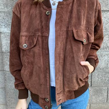 90s Vintage Suede Leather Jacket - Womens Coffee Brown Bomber Coat 