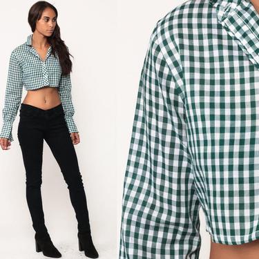 Gingham Crop Top Cropped Shirt Green Checkered Blouse 70s Button Up Shirt 80s Hipster Vintage Long Sleeve Small Medium 