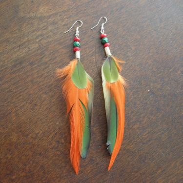 Orange and Green Feather earrings