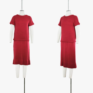 Vintage 1950s Knit Suit Set - Two Piece Skirt - Kimberly Wool Mohair - Fuschia Pink - Short Sleeve - Braided Collar - Womens Medium 