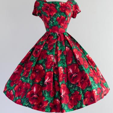 1950's Red & Green Floral Print Party Dress By Rosesha / Medium
