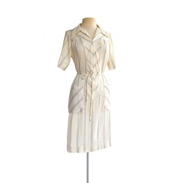 Vintage 70s Sears striped cotton day dress| cream white green & red stripes| yoke summer shirtdress with front zipper 