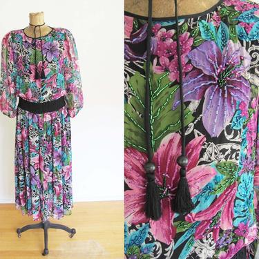 Vintage 80s Dress - Diane Freis Silk Midi Dress -  80s Pink Purple Floral Beaded Dress - 1980s Clothing - Tropical Jungle Print Dress 