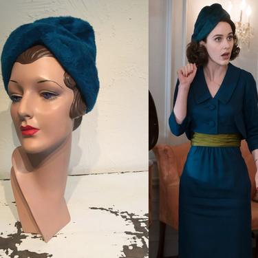 Mrs Maisel Visits - Vintage Late 1950s Teal Blue Fluffy Fur Felt Sculpted Tower Lampshade Hat 