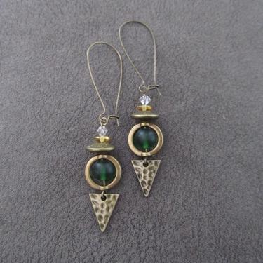 Green glass earrings, boho chic earrings, tribal ethnic earrings, bold earrings, long bronze earrings, unique artisan earrings, bohemian 