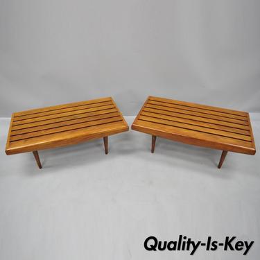 Pair of 32" Small Nelson Style Walnut Slat Bench Side Tables Mid Century Modern