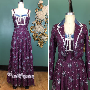 1970s maxi dress, gunne sax dress, vintage 70s dress, purple lilac print, dress and jacket set, size 9, rare sundress, cottagecore, prairie 