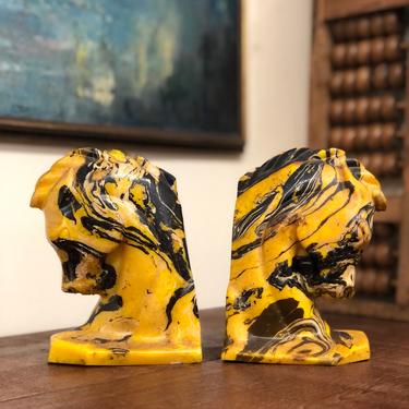 Vintage MCM Black Yellow Marble Pattern Horse Bust Bookends Library Study Den Decor Retro Groovy Art Deco Mid Century Modern Funky Style 9 