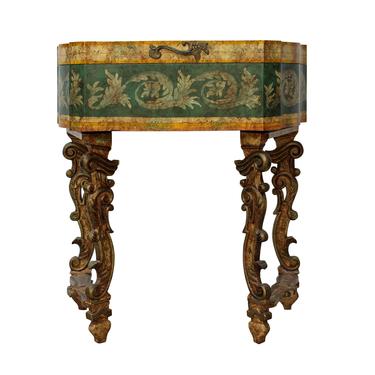 Chinese Oriental Beige Yellow Green Lacquer Flower Graphic Side Table ws463S