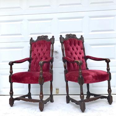 Vintage Gothic Throne Chairs in Red Velvet 