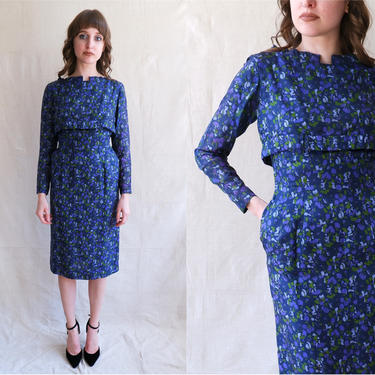 Vintage 50s Silk Blueberry Print Wiggle Dress/ 1950s Dark Blue Purple Long Sleeve Dress/ Size XS 