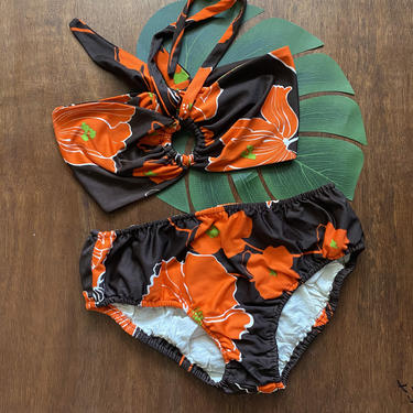 Vintage 1970’s Brown and Orange Floral Print Bikini 70’s Two Piece Halter Top Swimsuit Medium 